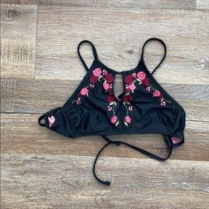 Black haltered rose bathing suit top (xs)